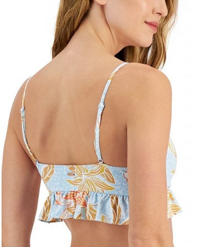 Juniors' Island In The Sun Printed Ruffled Bikini Top Cool Blue Island Time $31.68 Swimsuits