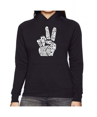 Women's Word Art Hooded Sweatshirt -Peace Fingers Black $31.79 Sweatshirts