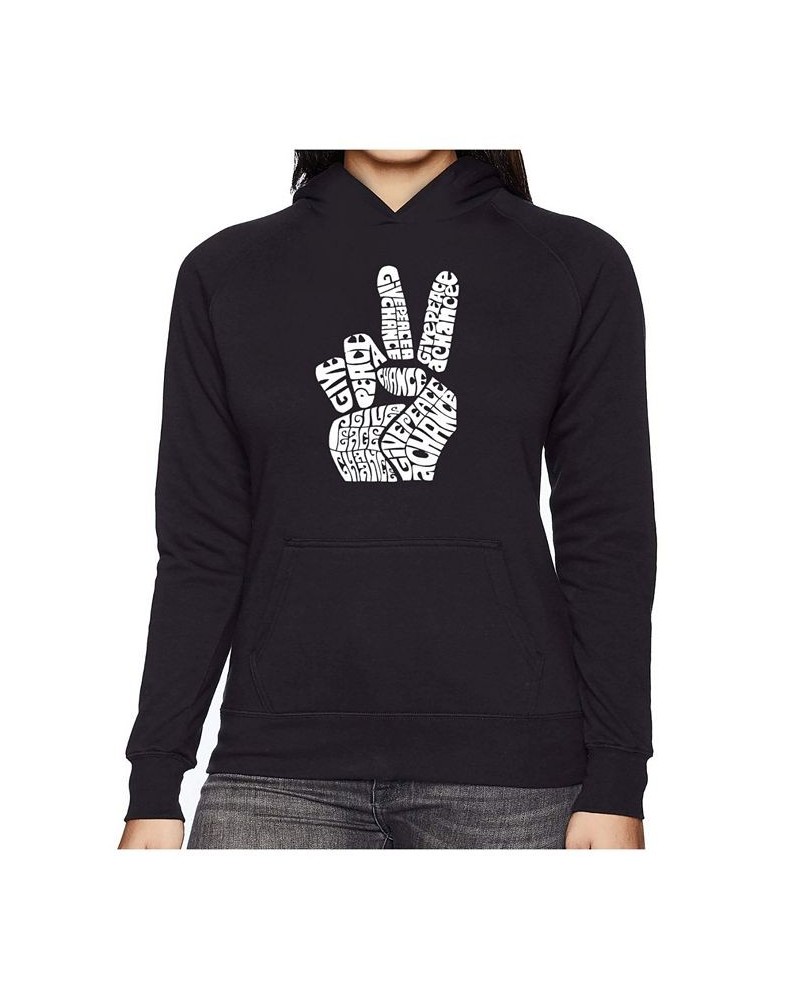 Women's Word Art Hooded Sweatshirt -Peace Fingers Black $31.79 Sweatshirts