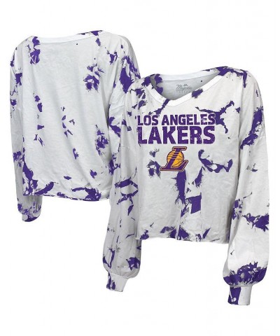 Women's Threads White Los Angeles Lakers Aquarius Tie-Dye Cropped V-Neck Long Sleeve T-shirt White $30.80 Tops