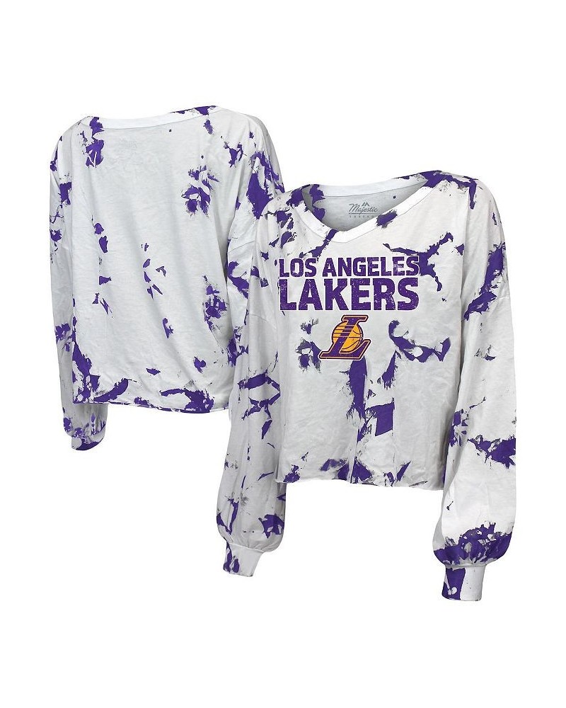 Women's Threads White Los Angeles Lakers Aquarius Tie-Dye Cropped V-Neck Long Sleeve T-shirt White $30.80 Tops