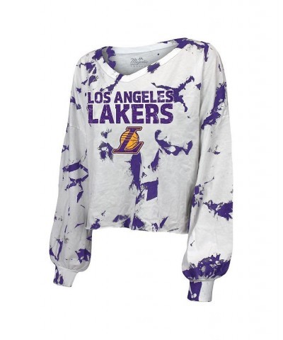 Women's Threads White Los Angeles Lakers Aquarius Tie-Dye Cropped V-Neck Long Sleeve T-shirt White $30.80 Tops