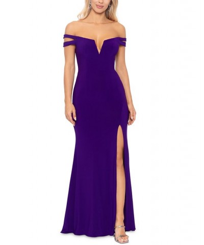 Women's Off-The-Shoulder Slit-Front Gown Grape $44.69 Dresses