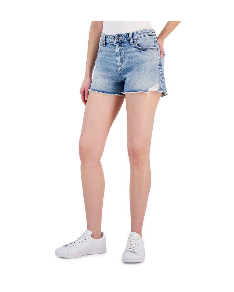 Women's High Rise Distressed Frayed Hem Denim Shorts Blue $20.79 Shorts