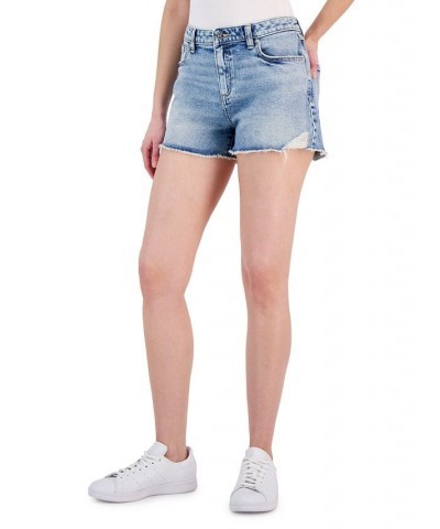 Women's High Rise Distressed Frayed Hem Denim Shorts Blue $20.79 Shorts