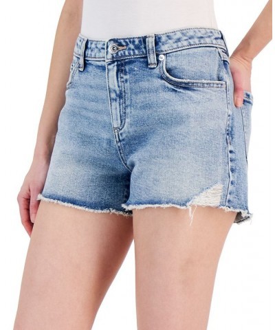 Women's High Rise Distressed Frayed Hem Denim Shorts Blue $20.79 Shorts