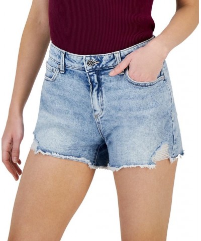 Women's High Rise Distressed Frayed Hem Denim Shorts Blue $20.79 Shorts