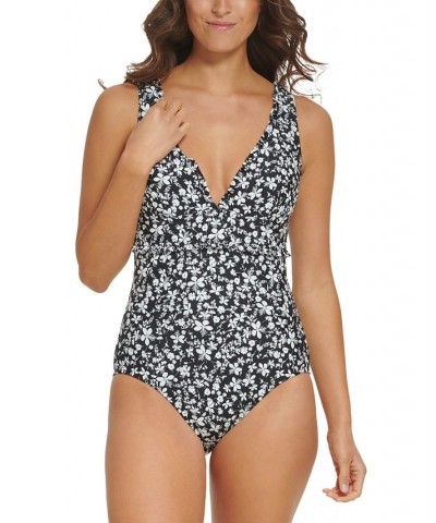 Women's Floral-Print Ruffle-Trim One-Piece Swimsuit Black $47.52 Swimsuits