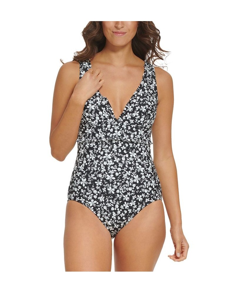 Women's Floral-Print Ruffle-Trim One-Piece Swimsuit Black $47.52 Swimsuits