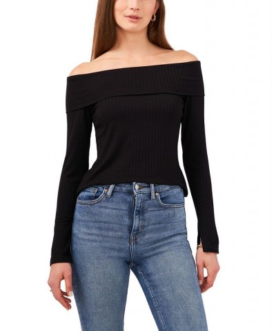 Women's Long Sleeve Cross Shoulder Knit Top Black $25.26 Tops