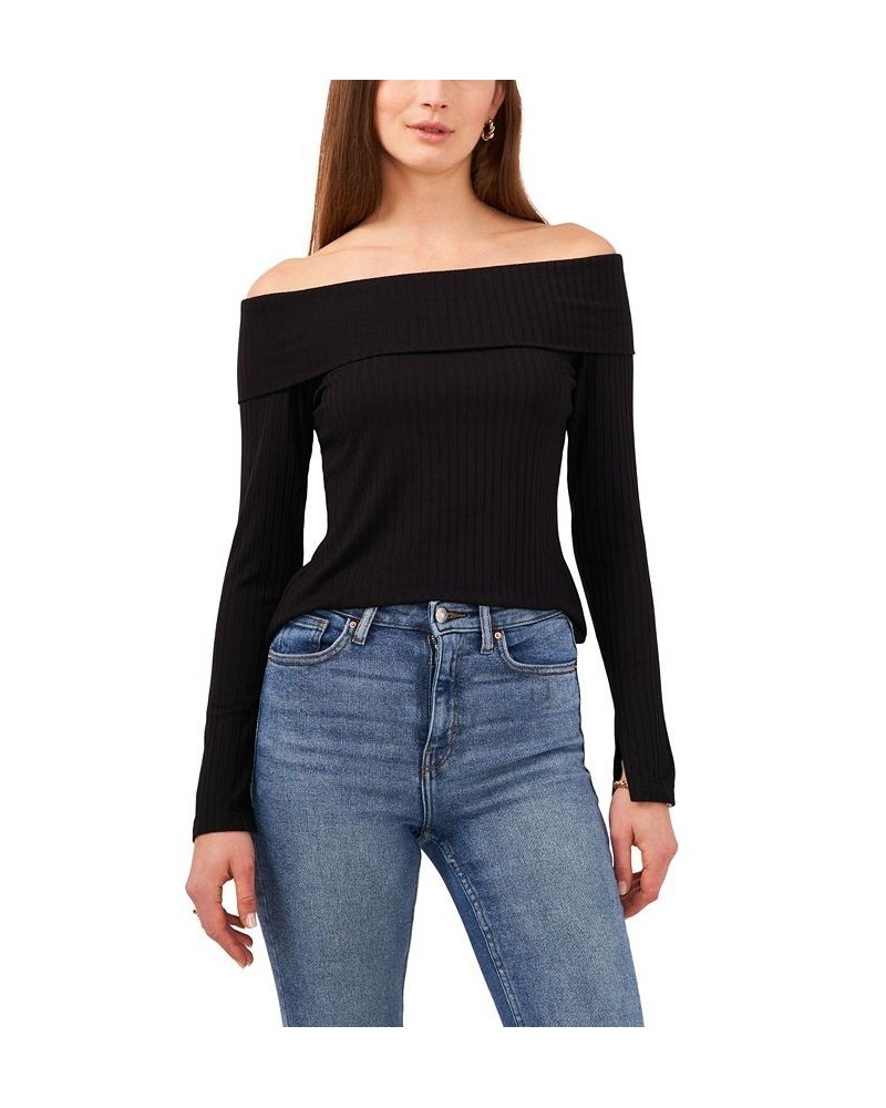 Women's Long Sleeve Cross Shoulder Knit Top Black $25.26 Tops