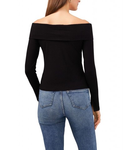 Women's Long Sleeve Cross Shoulder Knit Top Black $25.26 Tops