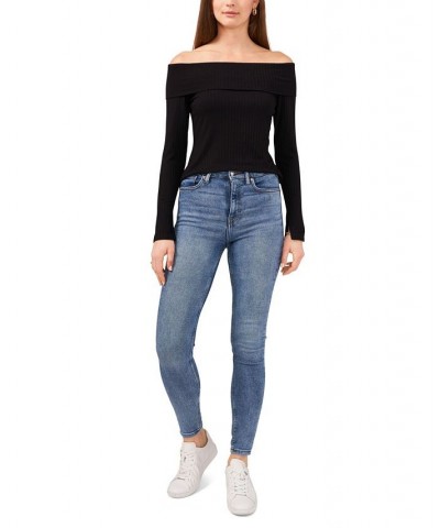 Women's Long Sleeve Cross Shoulder Knit Top Black $25.26 Tops