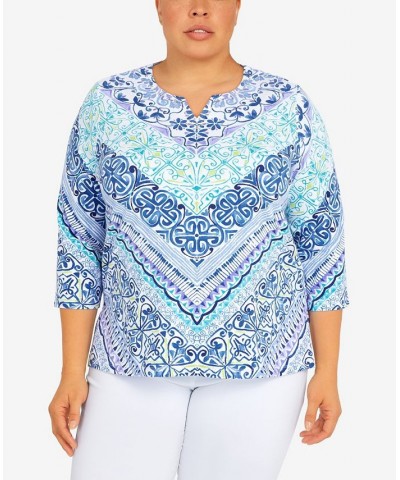 Plus Size Classic Split Neck Chevron Scroll 3/4 Sleeve Top Blue $28.09 Tops