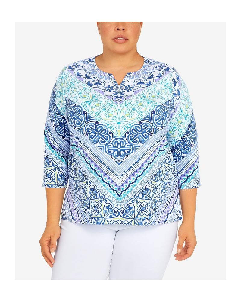 Plus Size Classic Split Neck Chevron Scroll 3/4 Sleeve Top Blue $28.09 Tops