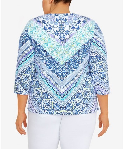 Plus Size Classic Split Neck Chevron Scroll 3/4 Sleeve Top Blue $28.09 Tops