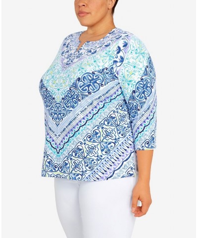 Plus Size Classic Split Neck Chevron Scroll 3/4 Sleeve Top Blue $28.09 Tops