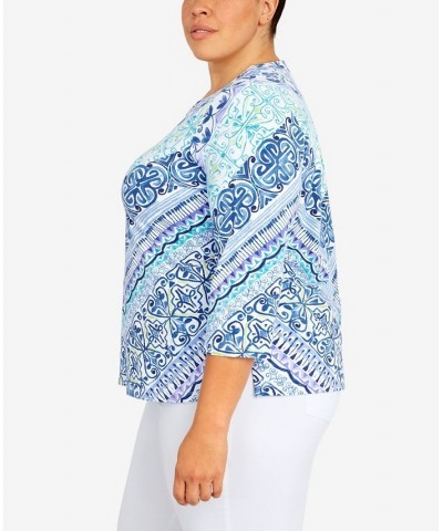 Plus Size Classic Split Neck Chevron Scroll 3/4 Sleeve Top Blue $28.09 Tops