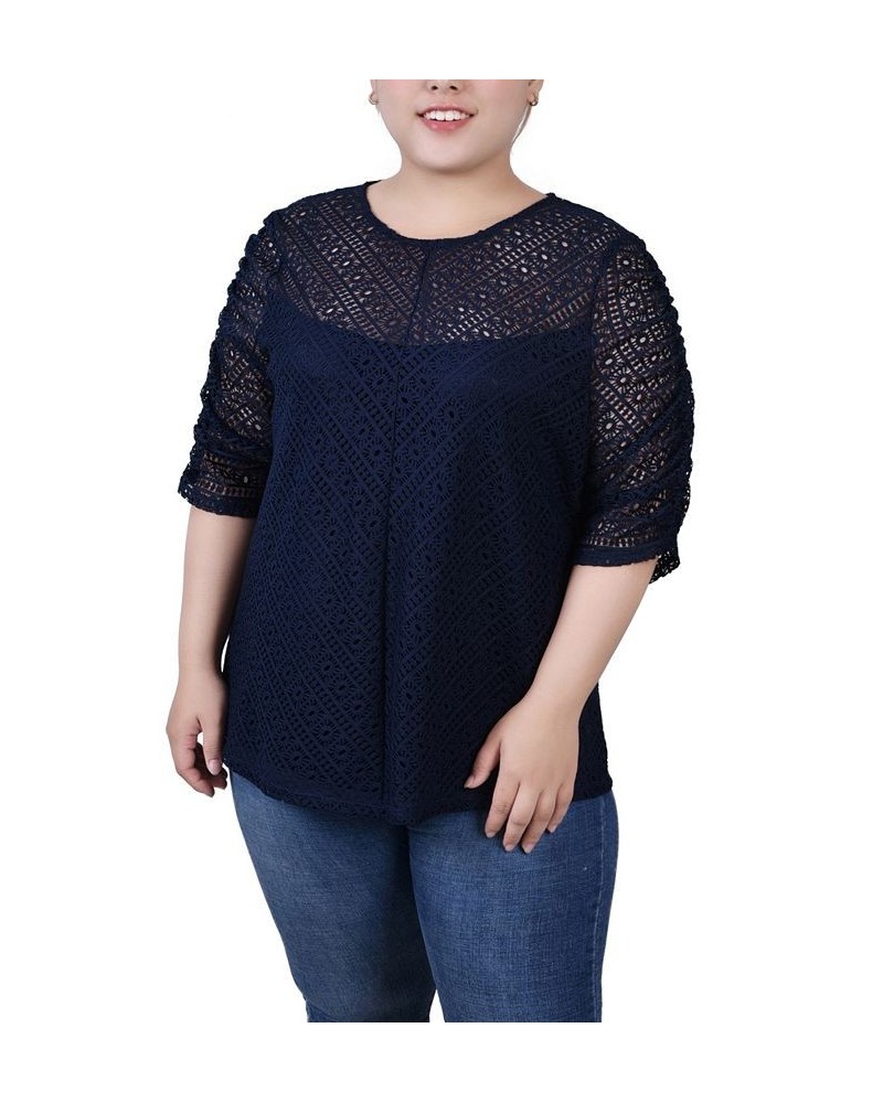 Plus Size Rouched Sleeve Lace Top Blue $13.52 Tops