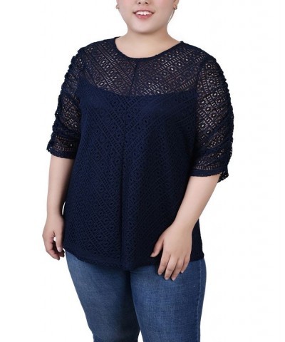 Plus Size Rouched Sleeve Lace Top Blue $13.52 Tops