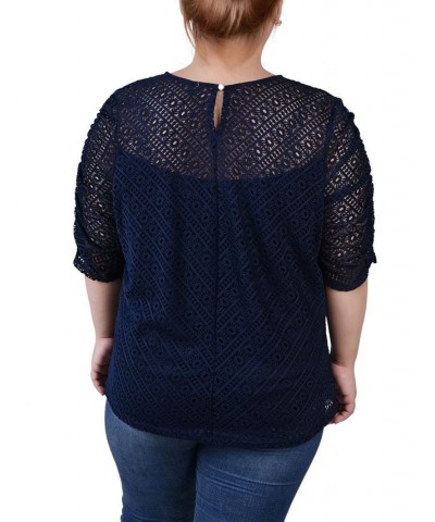 Plus Size Rouched Sleeve Lace Top Blue $13.52 Tops