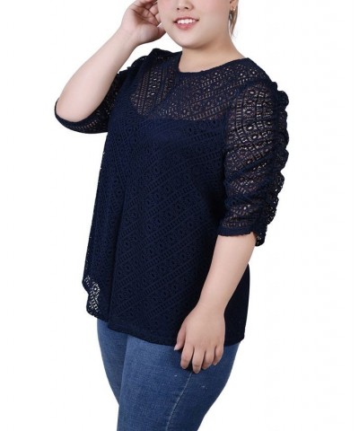 Plus Size Rouched Sleeve Lace Top Blue $13.52 Tops