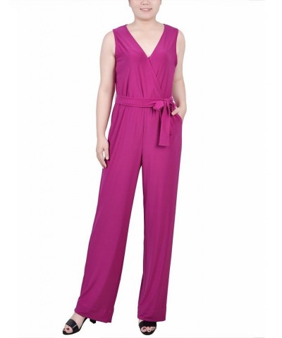 Petite Surplice Belted Wide-Leg Jumpsuit Purple Wine $13.33 Pants