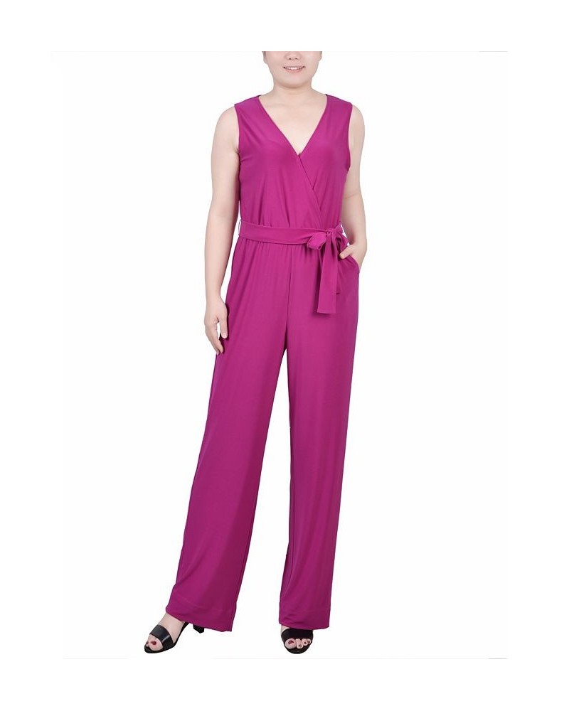 Petite Surplice Belted Wide-Leg Jumpsuit Purple Wine $13.33 Pants