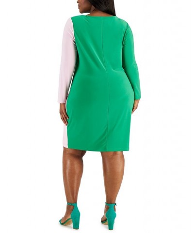 Plus Size Quinn Long-Sleeve Ruched Colorblocked Sheath Dress Green Combo $34.80 Dresses