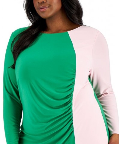 Plus Size Quinn Long-Sleeve Ruched Colorblocked Sheath Dress Green Combo $34.80 Dresses