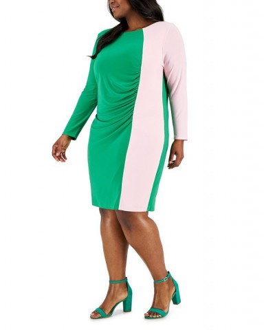 Plus Size Quinn Long-Sleeve Ruched Colorblocked Sheath Dress Green Combo $34.80 Dresses