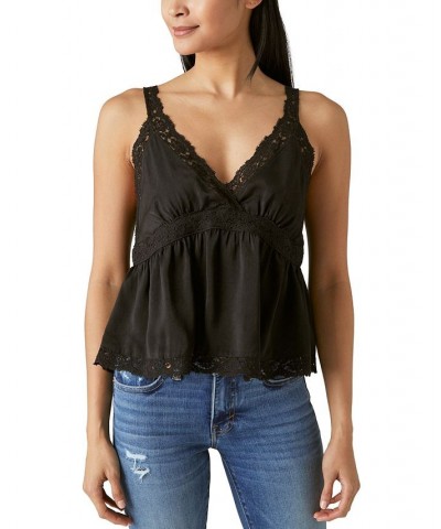 Women's Lace-Trimmed Sateen Babydoll Camisole Top Black $34.19 Tops