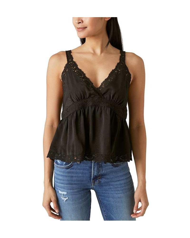 Women's Lace-Trimmed Sateen Babydoll Camisole Top Black $34.19 Tops