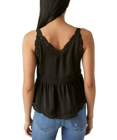 Women's Lace-Trimmed Sateen Babydoll Camisole Top Black $34.19 Tops