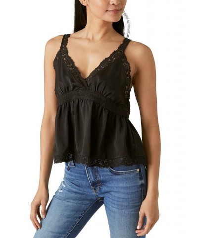 Women's Lace-Trimmed Sateen Babydoll Camisole Top Black $34.19 Tops