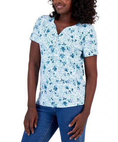 Petite Santa Ana Floral Henley Top Blue $11.39 Tops