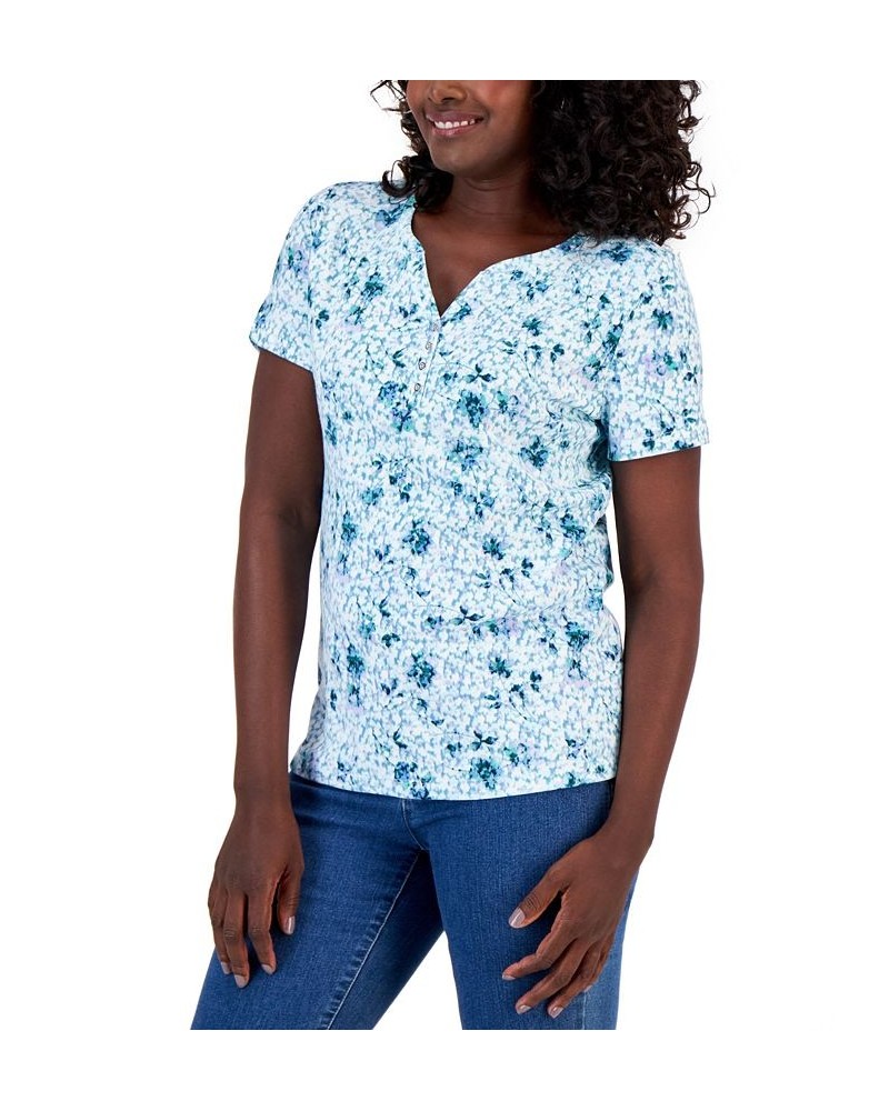 Petite Santa Ana Floral Henley Top Blue $11.39 Tops