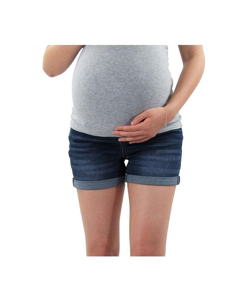 Rolled Cuff Denim Maternity Short with Belly Band Blue $18.12 Shorts