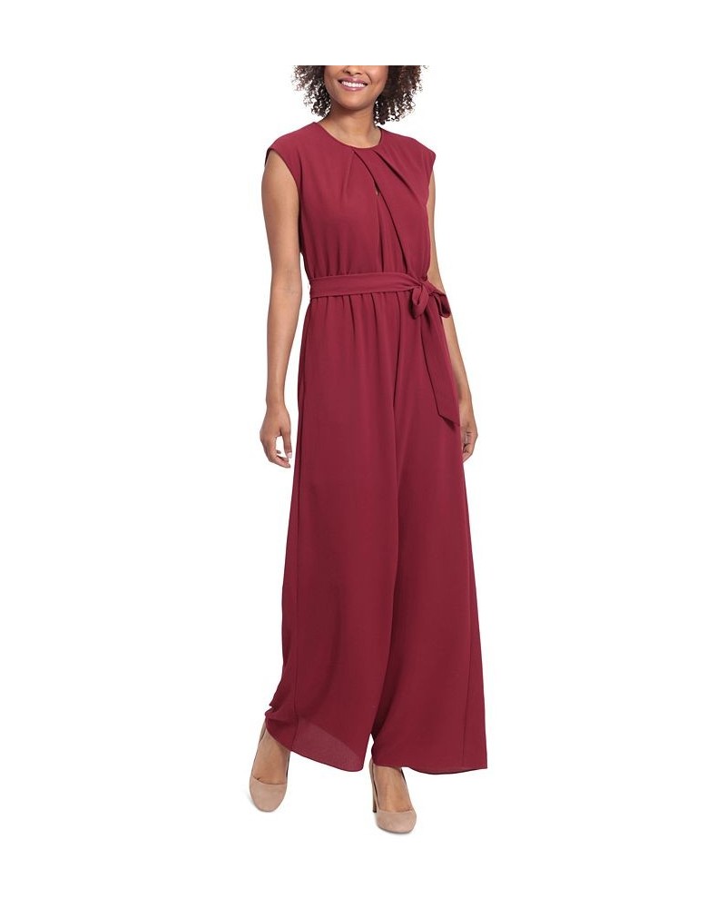 Women's Pleated-Neck Belted Jumpsuit Wine $47.96 Pants