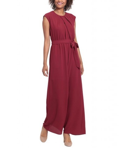 Women's Pleated-Neck Belted Jumpsuit Wine $47.96 Pants