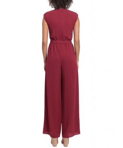 Women's Pleated-Neck Belted Jumpsuit Wine $47.96 Pants