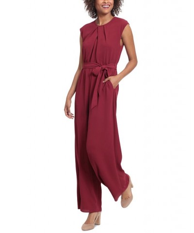 Women's Pleated-Neck Belted Jumpsuit Wine $47.96 Pants