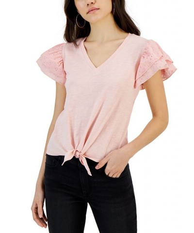 Juniors' Eyelet Flutter-Sleeve Tie-Front Top Pink $13.20 Tops