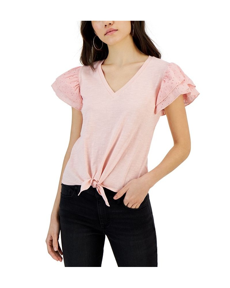 Juniors' Eyelet Flutter-Sleeve Tie-Front Top Pink $13.20 Tops