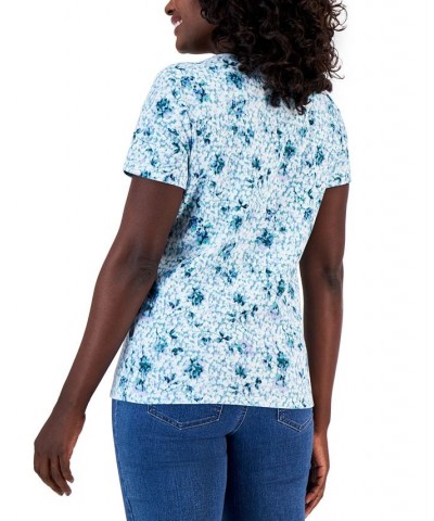 Petite Santa Ana Floral Henley Top Blue $11.39 Tops