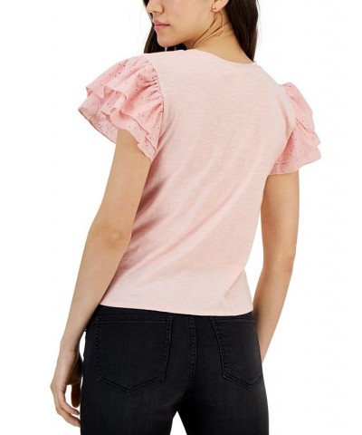 Juniors' Eyelet Flutter-Sleeve Tie-Front Top Pink $13.20 Tops