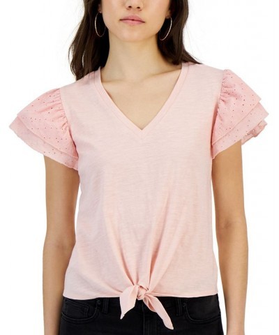 Juniors' Eyelet Flutter-Sleeve Tie-Front Top Pink $13.20 Tops