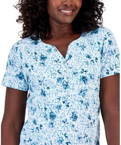 Petite Santa Ana Floral Henley Top Blue $11.39 Tops