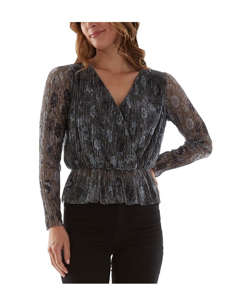 Juniors' Peplum-Hem Surplice-Neck Metallic-Threaded Top Grey Floral $11.23 Tops