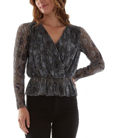 Juniors' Peplum-Hem Surplice-Neck Metallic-Threaded Top Grey Floral $11.23 Tops